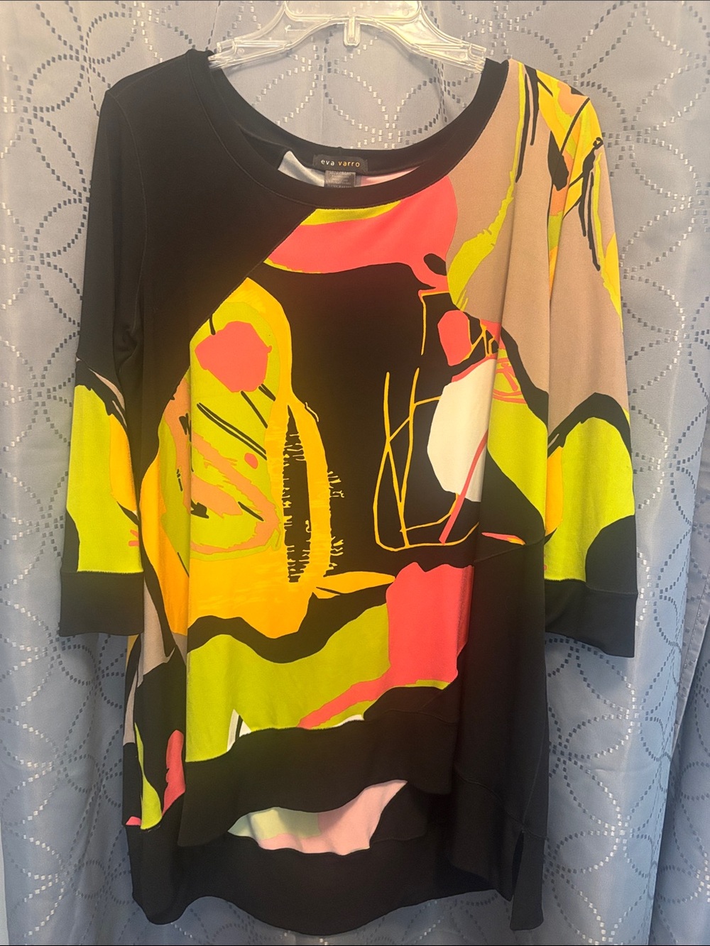 eva varro Black Tunic with Neon Yellow and Coral Abstract Print